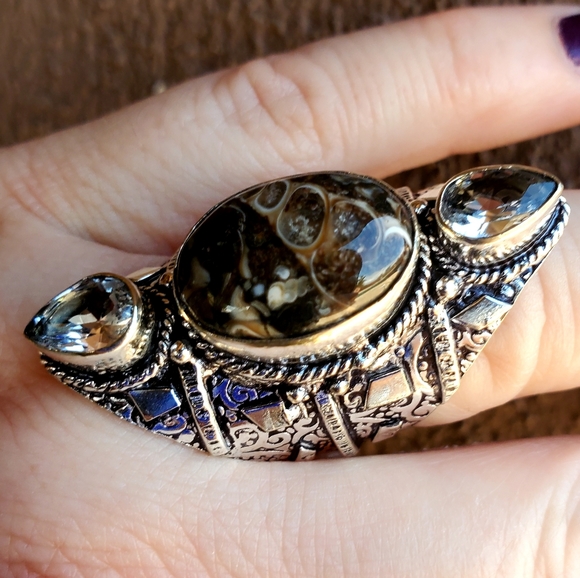 New Turtella Agate Fossil & White Topaz 925 Silver Statement Ring. - Picture 5 of 16